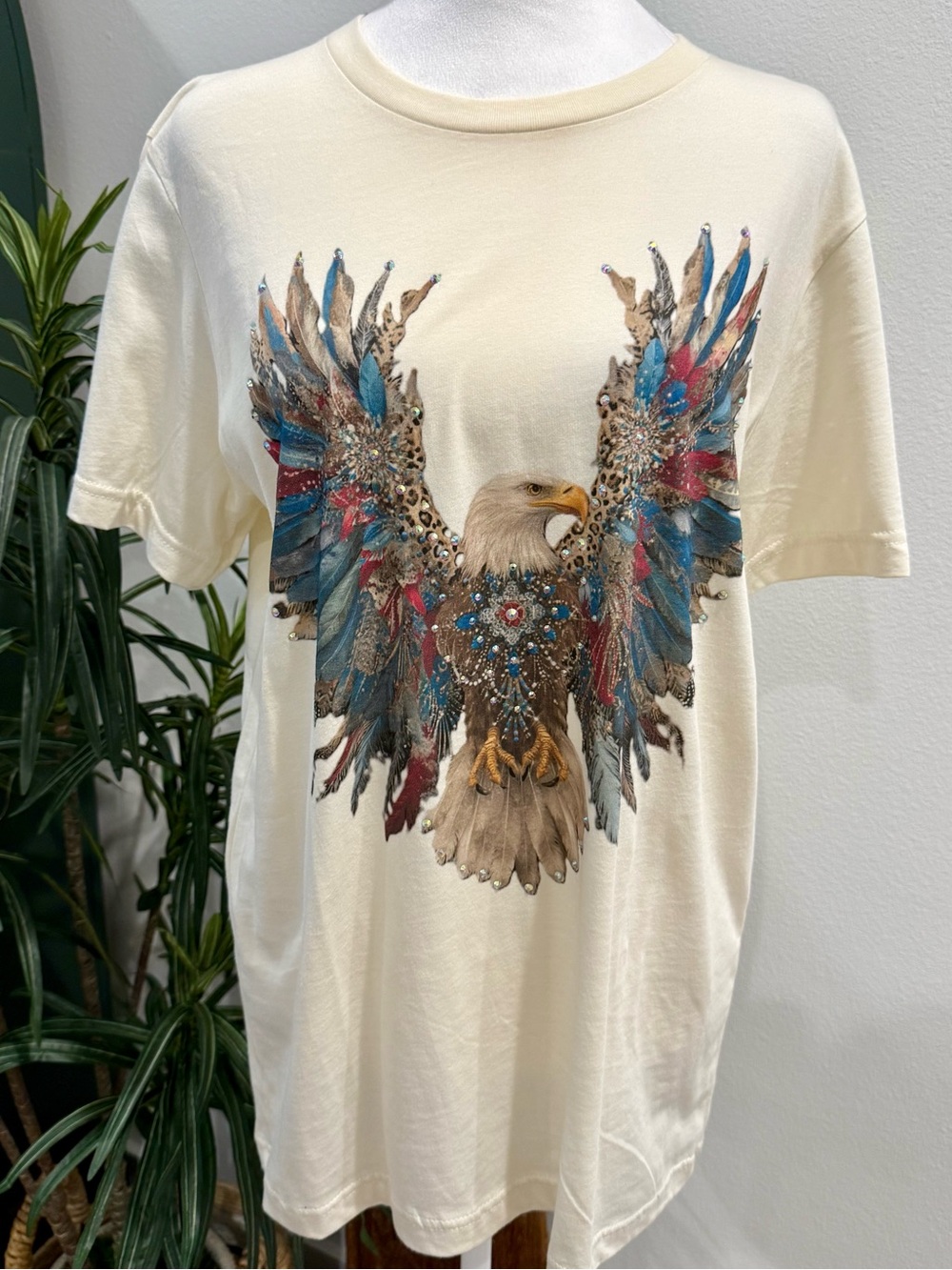 Women’s Wildly Free T-Shirt on Natural Cream Color with Crystal Accented Wings M